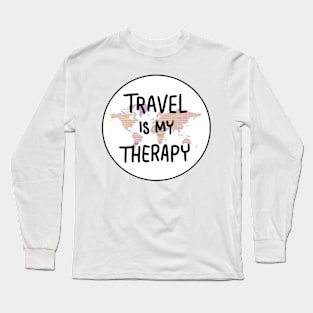 Travel is My Therapy" Minimalist World Map Sticker Long Sleeve T-Shirt